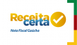 Sobre um fundo branco, está escrito Receita Certa/Nota Fiscal Gaúcha, nas cores azul e laranja. À direita, há um selo de verificação. No canto direito, estão as cores da bandeira do Rio Grande do Sul.