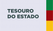 Sobre um fundo branco, está escrito Tesouro do Estado. No canto direito, estão as cores da bandeira do Rio Grande do Sul.